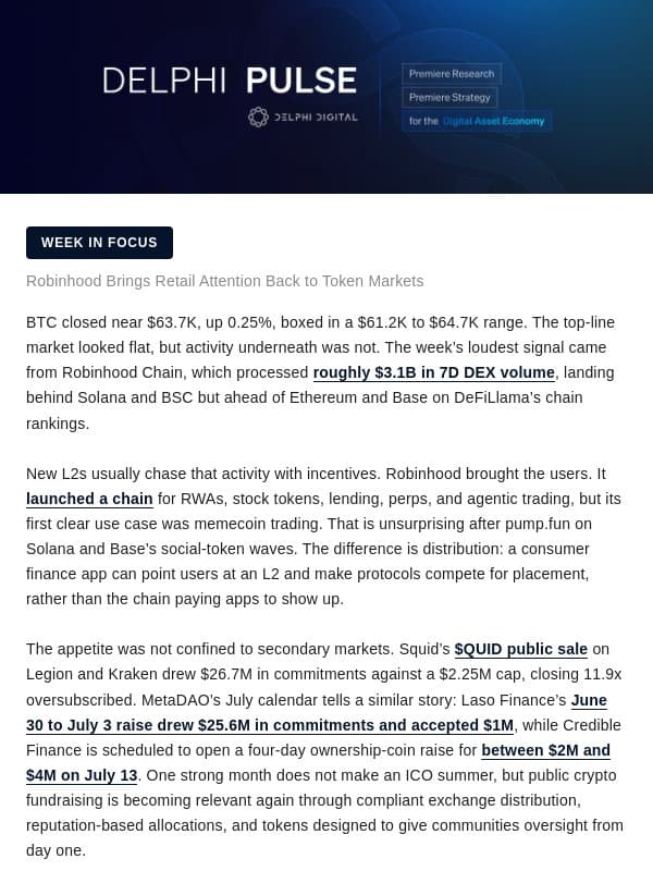 Robinhood Brings Retail Attention Back to Token Markets email from Delphi Digital