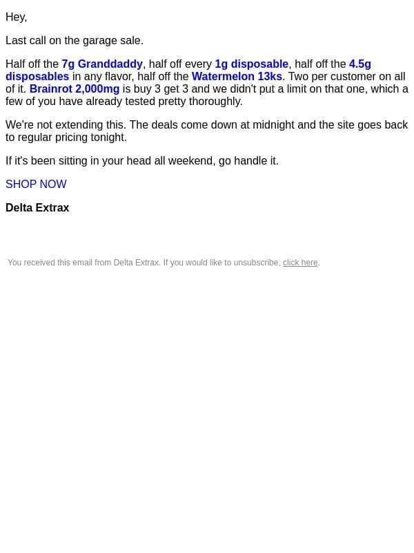 Our garage sale ends tonight! email from Delta Extrax
