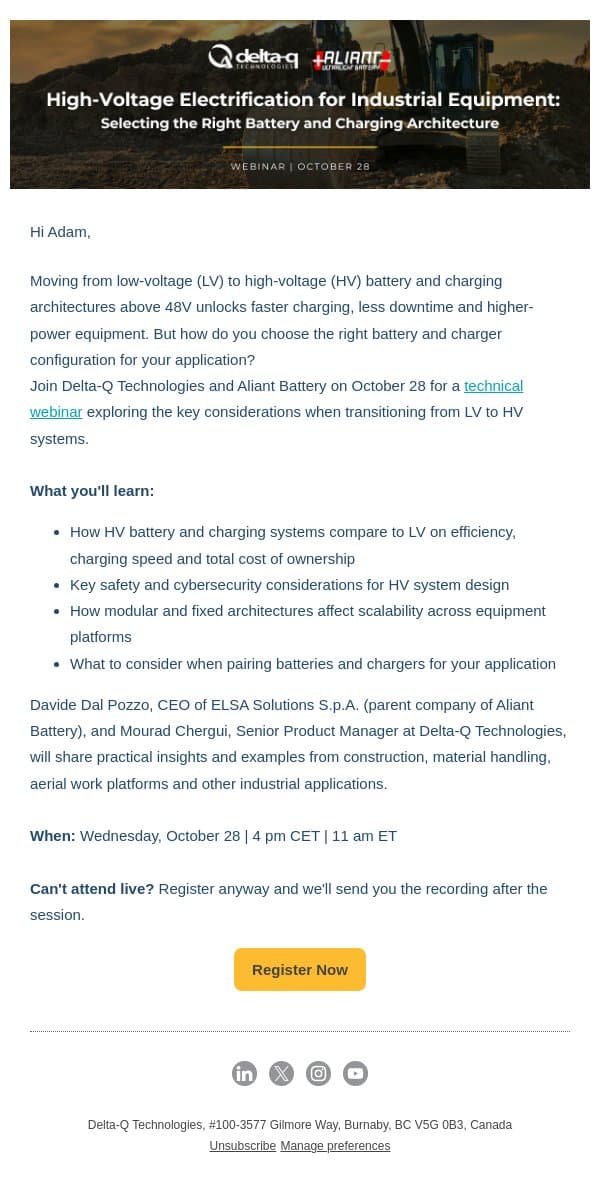 Moving above 48V: Delta-Q and Aliant Battery webinar, Oct. 28 email from Delta-Q Technologies screenshot