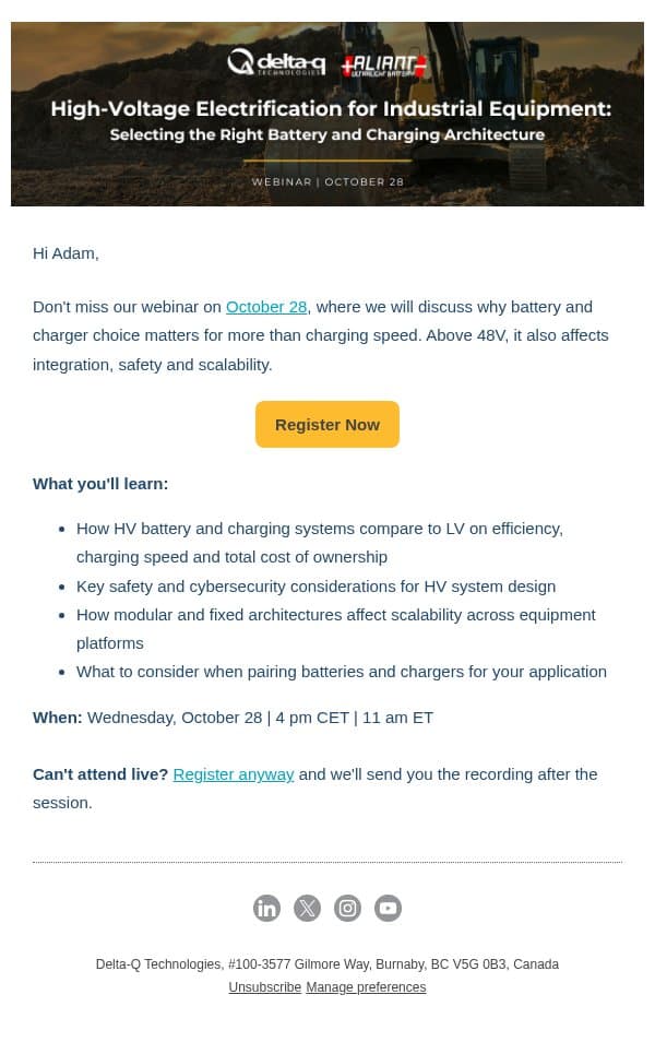 Webinar: Battery and charger selection above 48 V email from Delta-Q Technologies screenshot