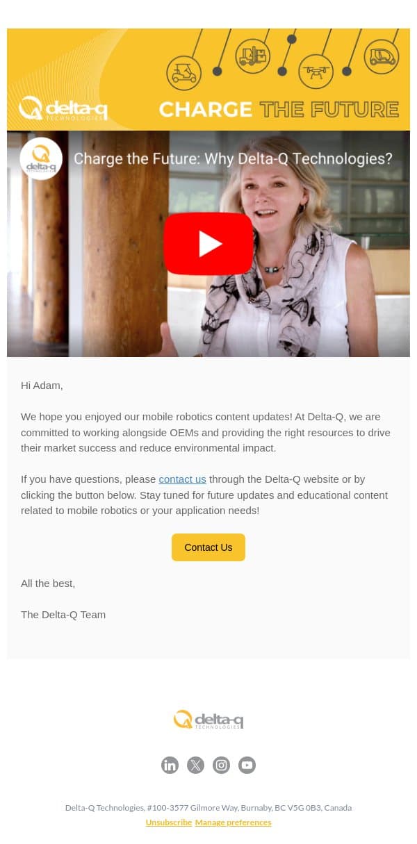 What sets Delta-Q chargers apart? email from Delta-Q Technologies screenshot
