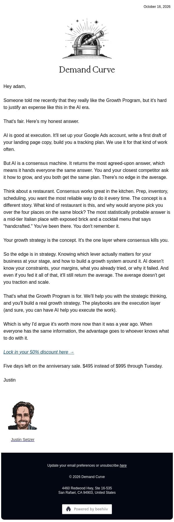 Can't I just use AI to grow my startup? email from Demand Curve Community screenshot