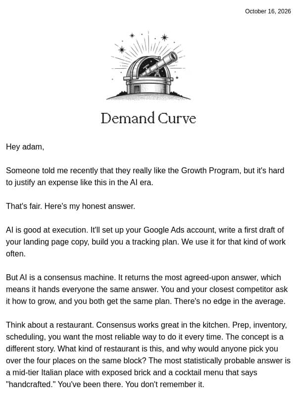 Can't I just use AI to grow my startup? email from Demand Curve Community