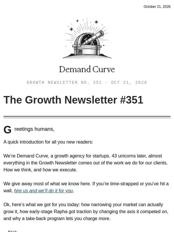 Growth Newsletter #351 email from Demand Curve Community