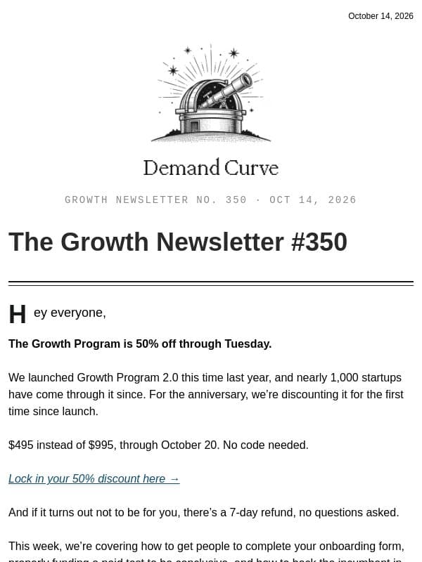 Growth Newsletter #350 email from Demand Curve Community