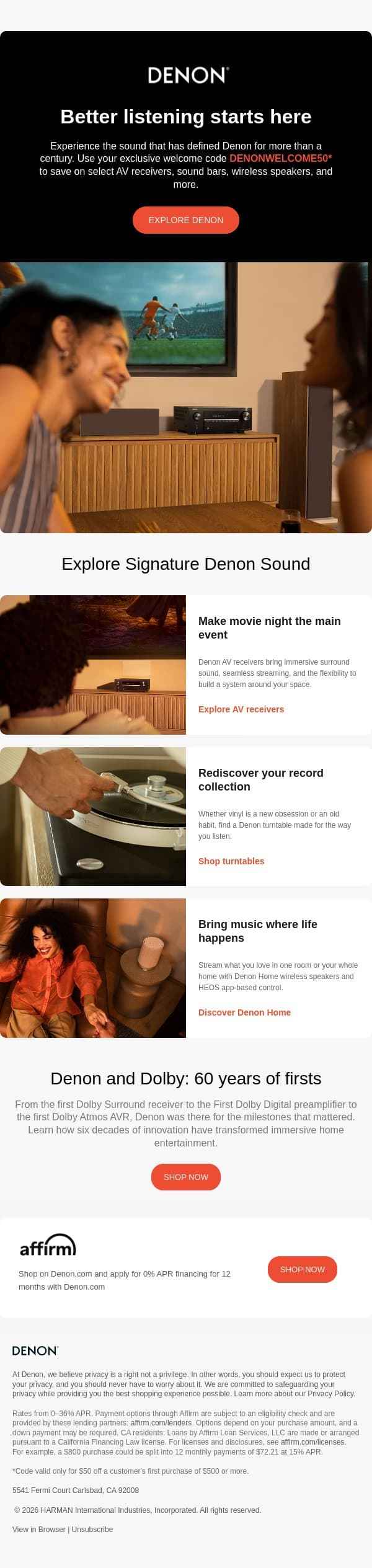 Welcome to Denon. Ready to hear what you’ve been missing? email from Denon screenshot