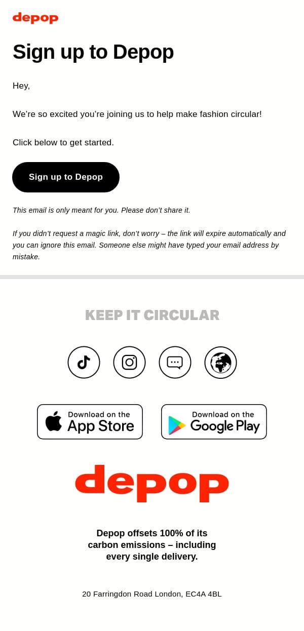 Your link to sign up to Depop email from Depop screenshot