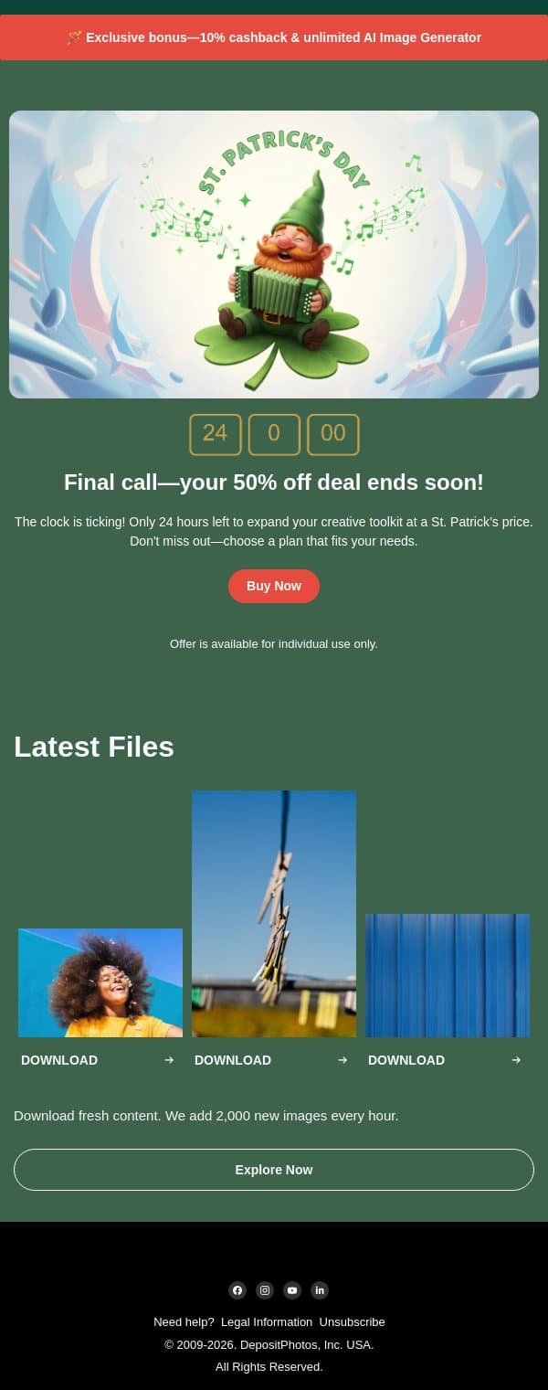 ⏳ Last day to claim your St. Patrick’s gift email from Depositphotos screenshot