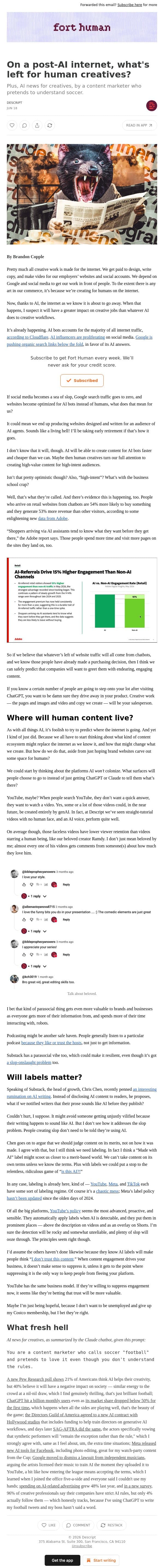 On a post-AI internet, what's left for human creatives? email from Descript screenshot