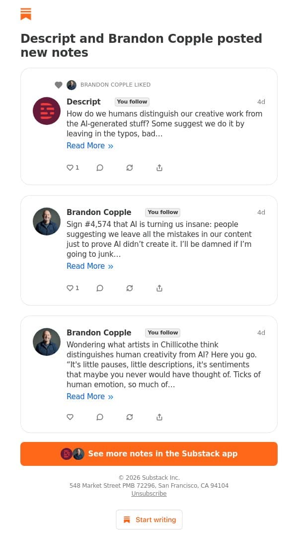 Descript and Brandon Copple posted new notes email from Descript screenshot