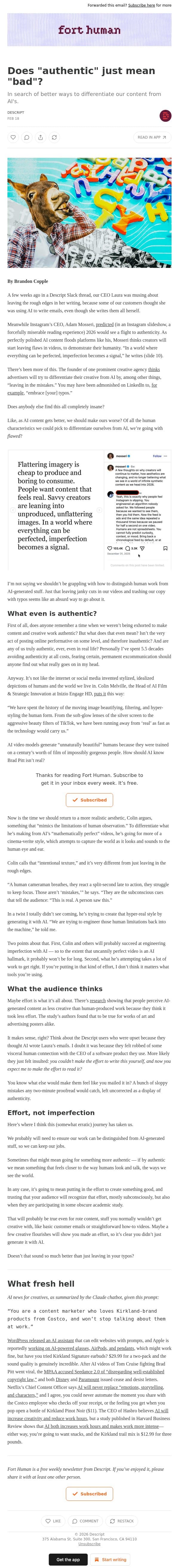 Does "authentic" just mean "bad"? email from Descript screenshot