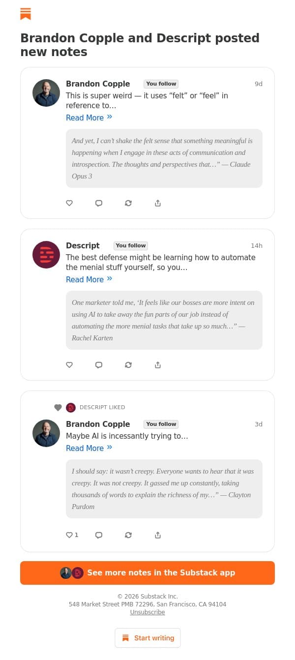 Brandon Copple and Descript posted new notes email from Descript screenshot