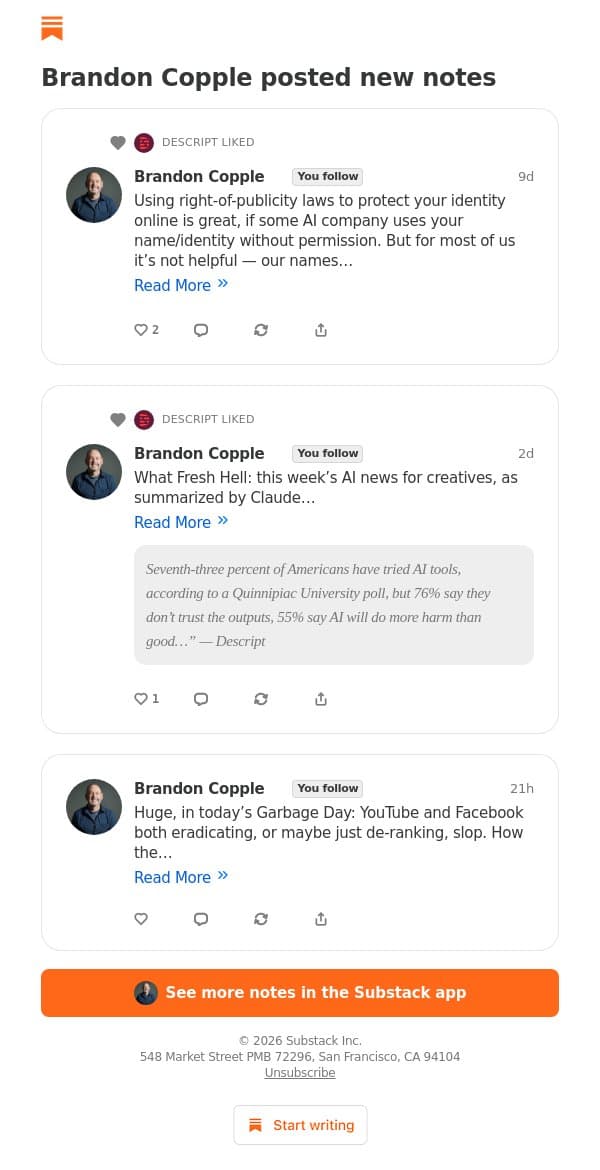 Brandon Copple posted new notes email from Descript screenshot