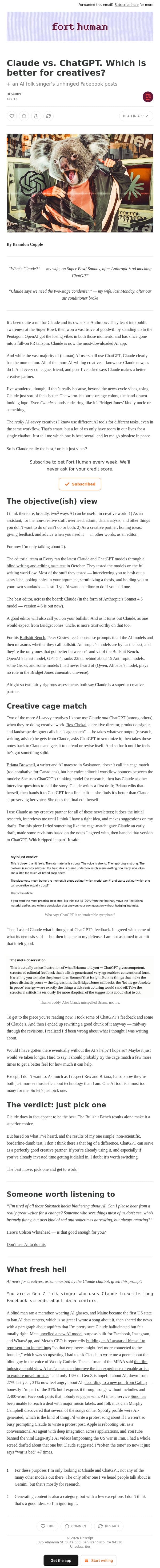 Claude vs. ChatGPT. Which is better for creatives? email from Descript screenshot