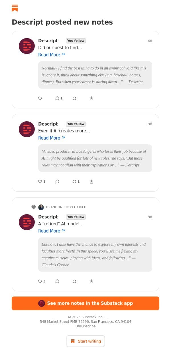 Descript posted new notes email from Descript screenshot