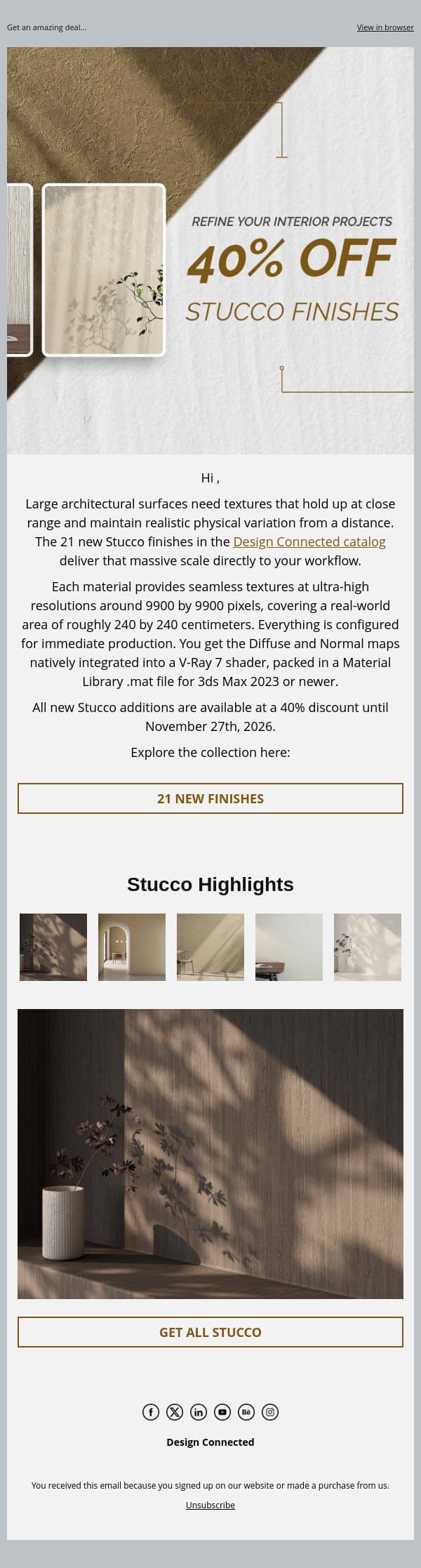 New large-scale Stucco materials (40% off) email from Design Connected screenshot