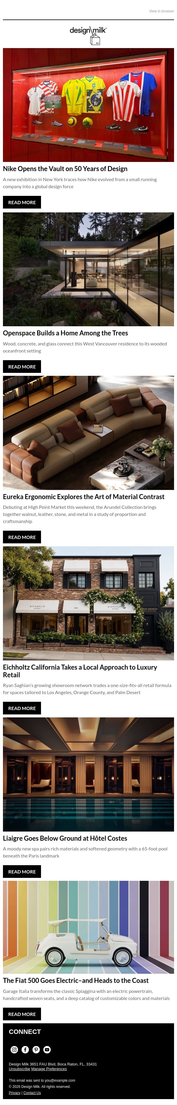Daily Digest: Nike Exhibits 50 Years of Design email from Design Milk Shop screenshot