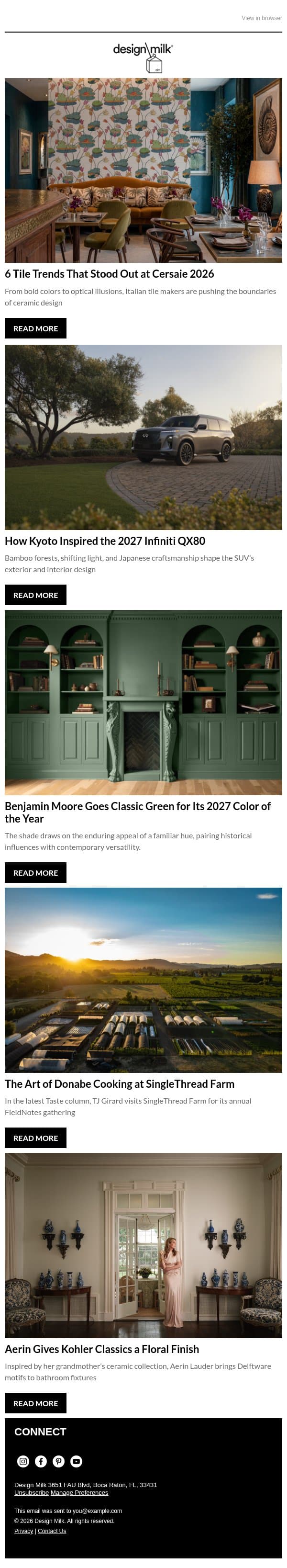 Daily Digest: 6 Trends We Spotted at Cersaie 2026 email from Design Milk screenshot
