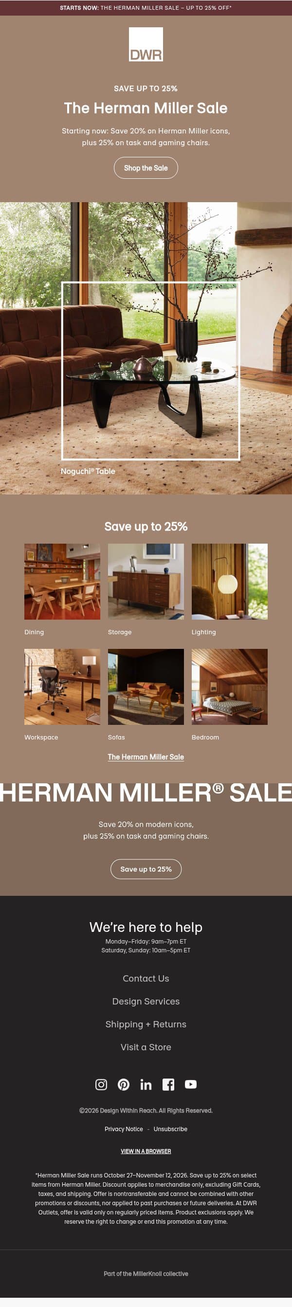 Starts now: 20% off Herman Miller icons email from Design Within Reach screenshot