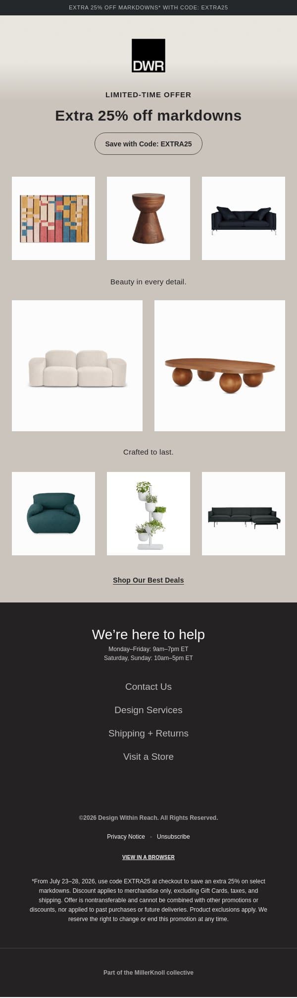 Starts now: Save an extra 25% on markdowns email from Design Within Reach screenshot