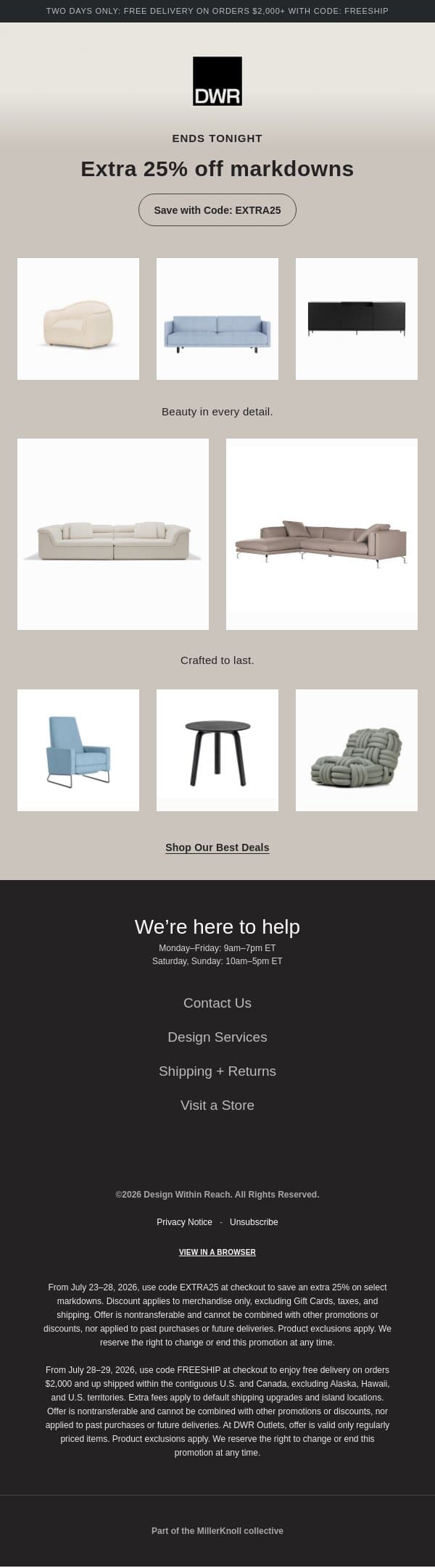 Final day: Extra 25% off markdowns email from Design Within Reach screenshot