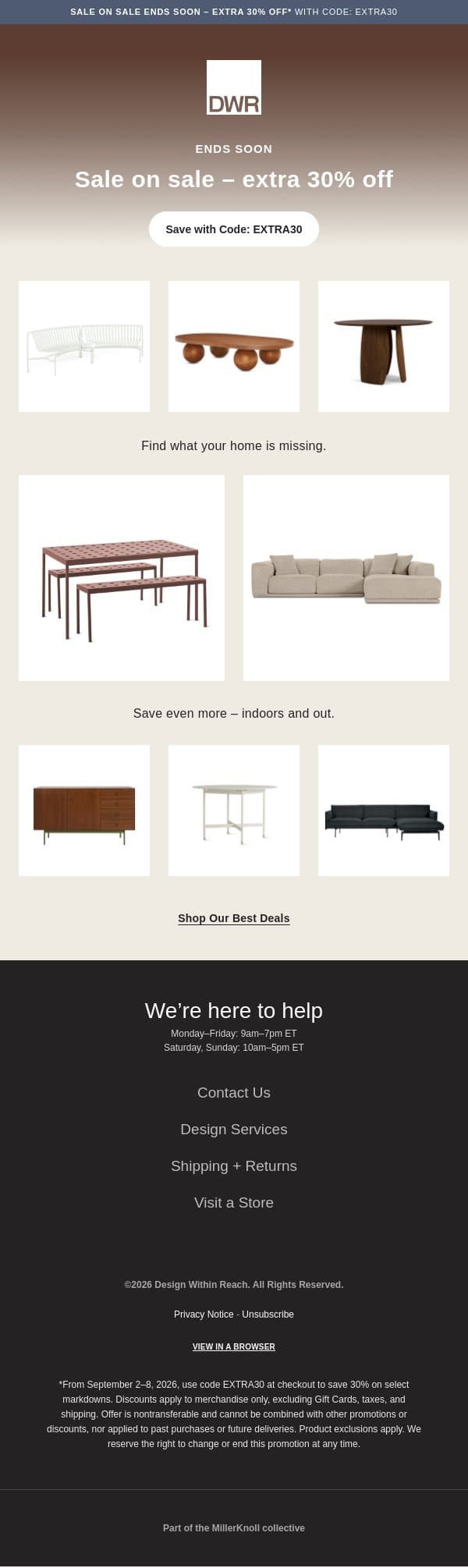 Ends soon: Extra 30% off email from Design Within Reach screenshot