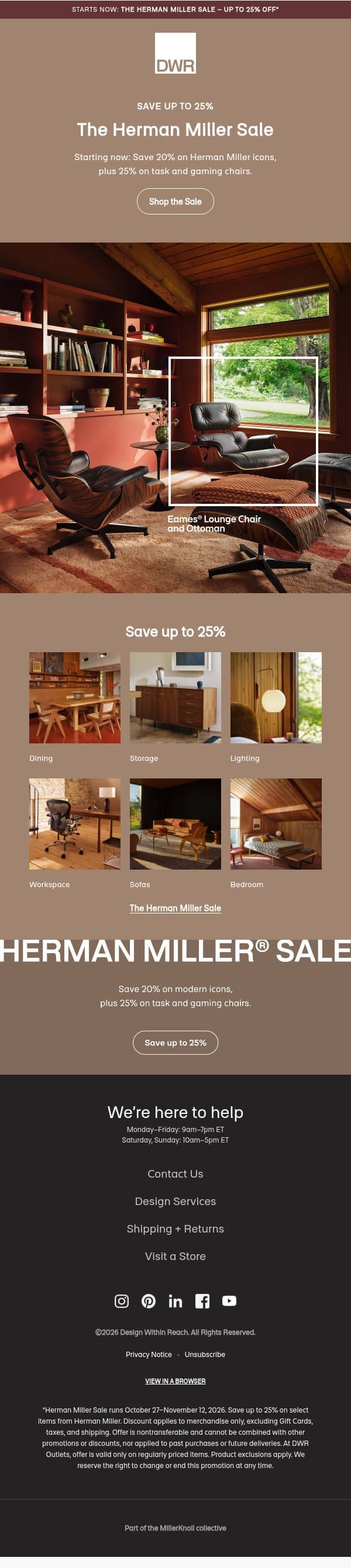 The Herman Miller Sale starts now: 20% off icons email from Design Within Reach screenshot