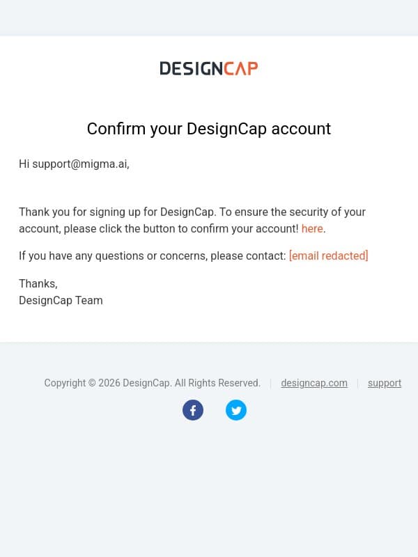 Welcome to DesignCap and confirm your account now! email from DesignCap