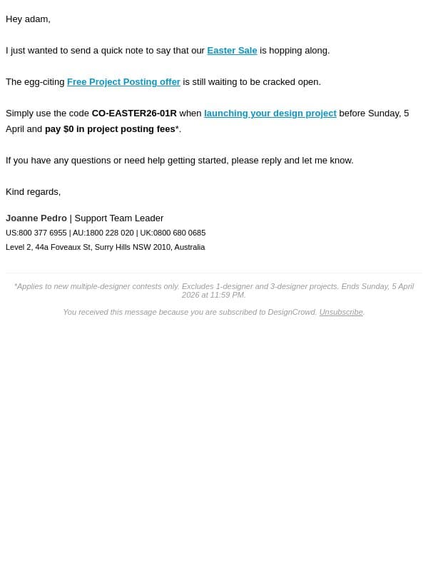Our Easter Sale is ending, adam email from DesignCrowd screenshot