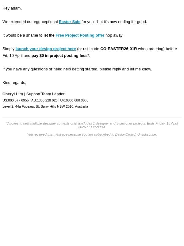 Our Extended Easter Sale is closing, adam email from DesignCrowd screenshot