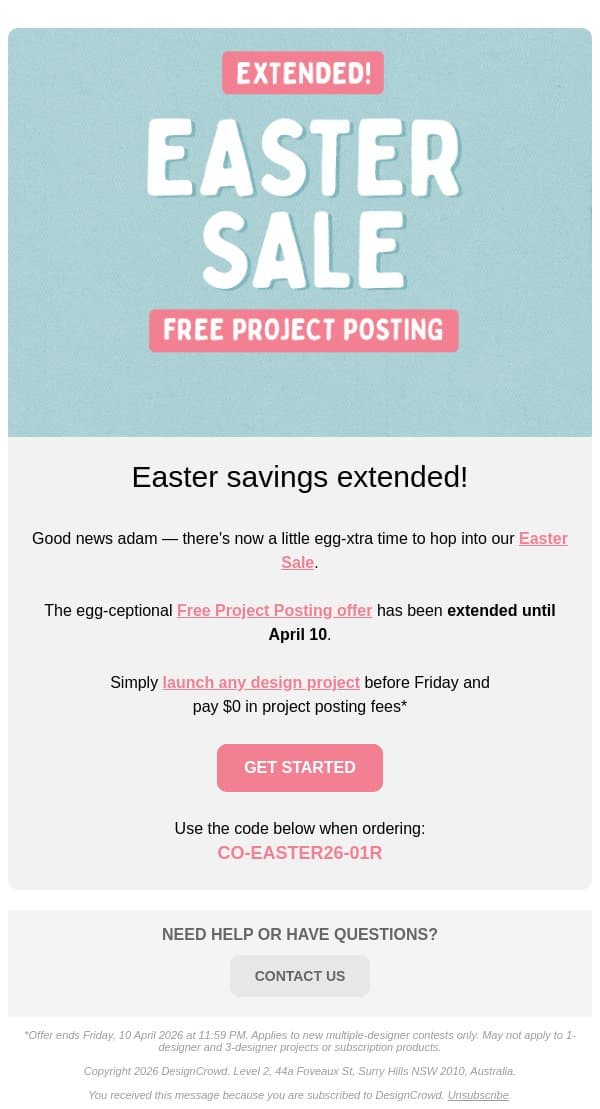 Extended! Easter Sale for adam email from DesignCrowd screenshot