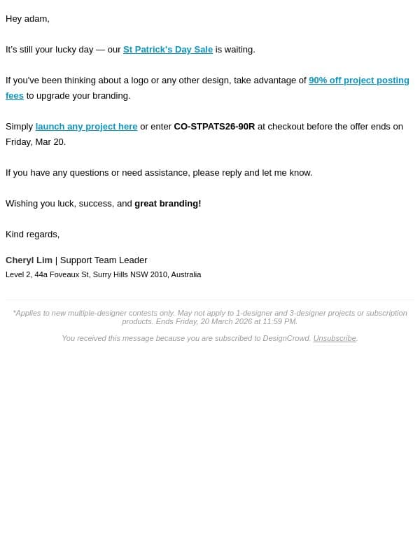 Our St Patrick's Day Sale is ending, adam email from DesignCrowd