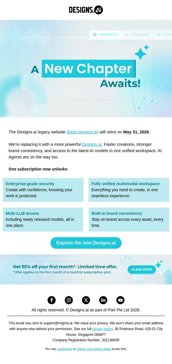 A New Chapter Awaits😎🔥 email from Designs.ai screenshot