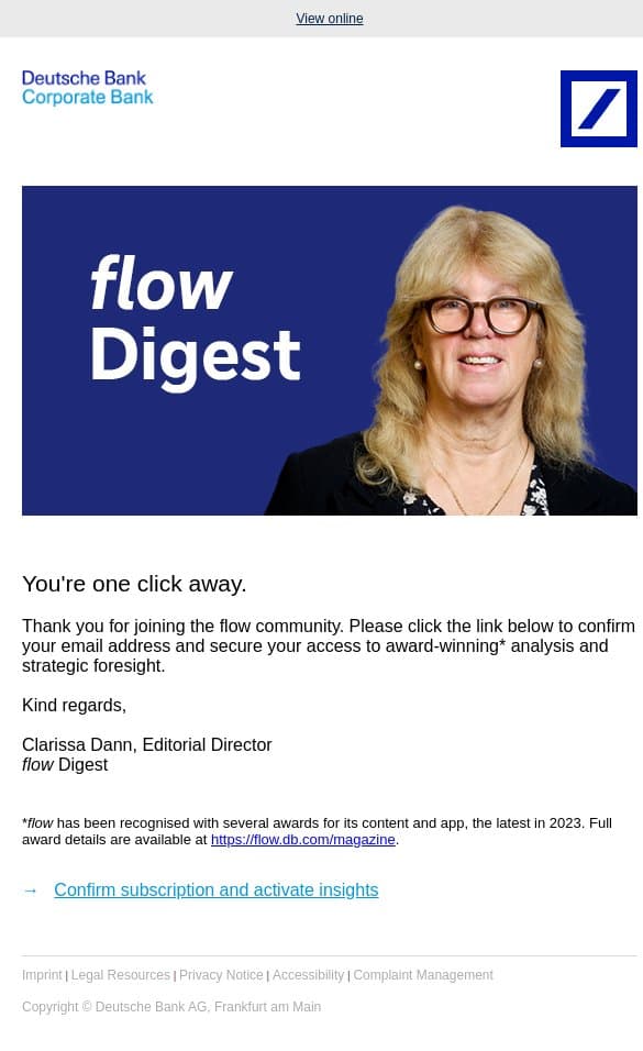 Almost there: Please confirm your flow Digest subscription email from Deutsche Bank screenshot