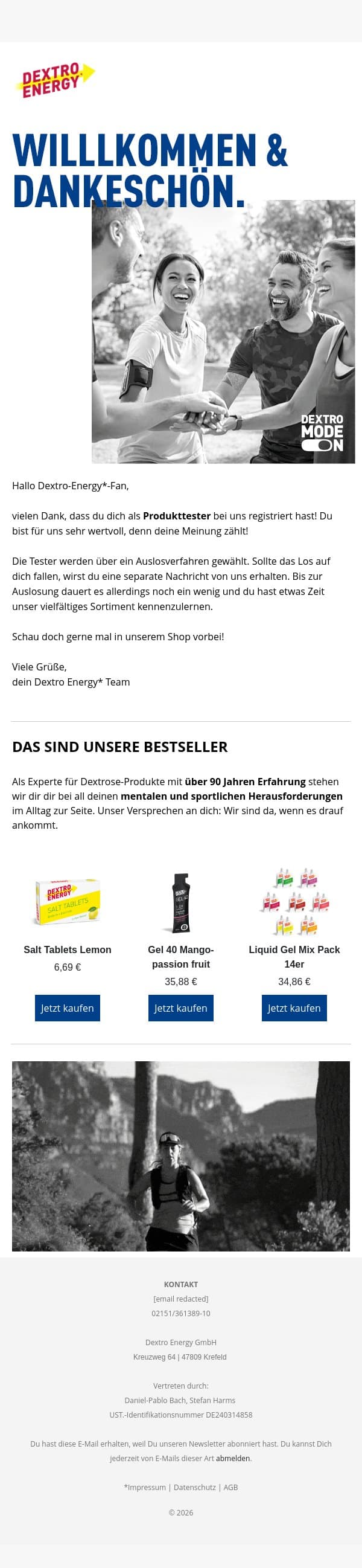 đ€ Willkommen im Produkttesterclub! email from Dextro Energy screenshot