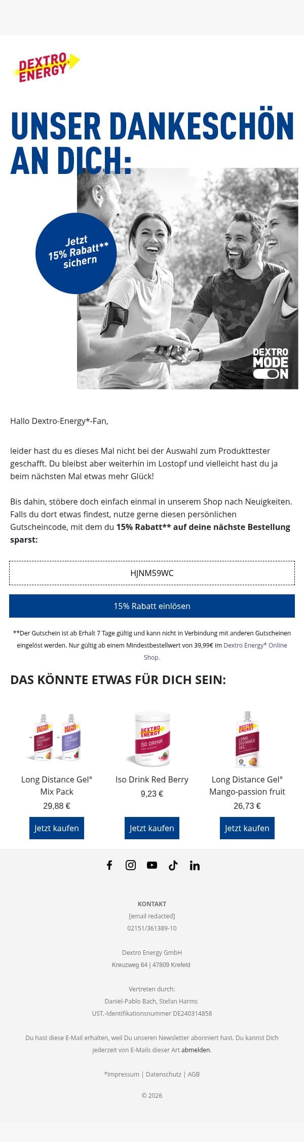 👉Wir haben ausgelost! email from Dextro Energy screenshot