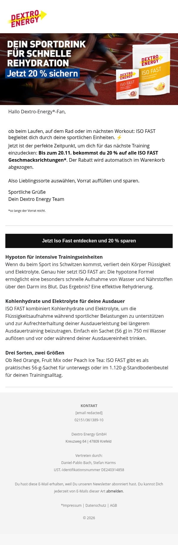 20 % auf alle ISO FAST Sorten! email from Dextro Energy screenshot