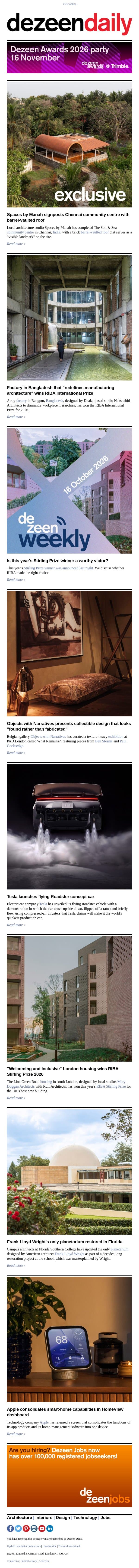 Stirling Prize winner | Tesla flying car | Frank Lloyd Wright planetarium email from Dezeen screenshot