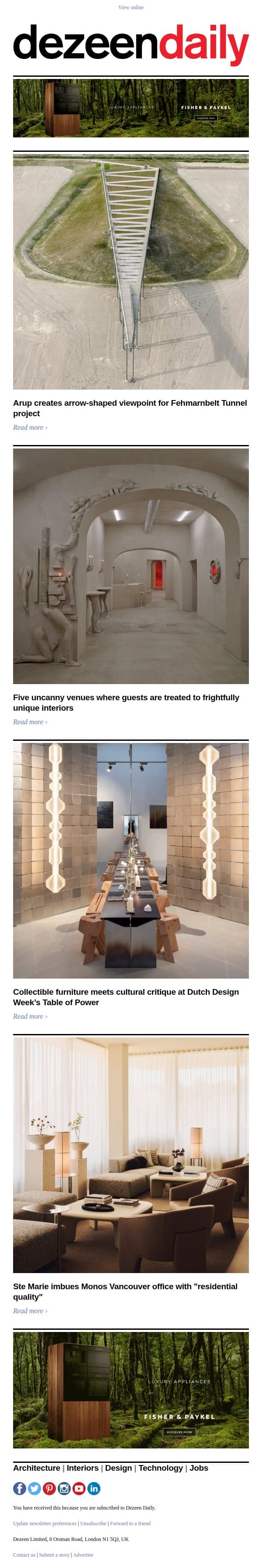 Arrow-shaped viewpoint | Table of Power exhibition | Uncanny interiors email from Dezeen screenshot