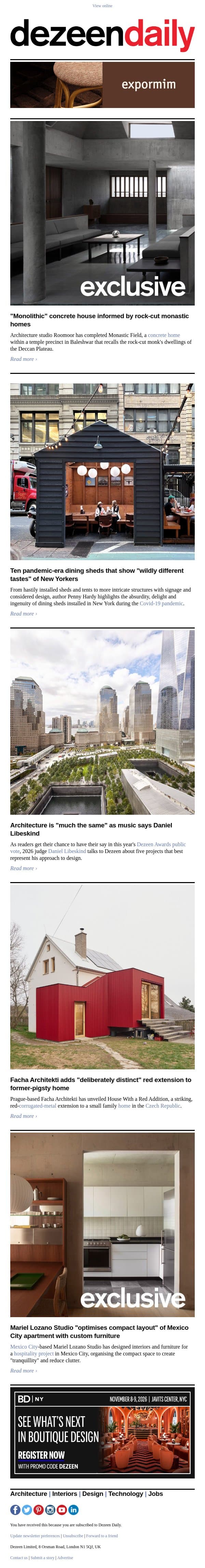 Former-pigsty home | NYC dining sheds | "Monolithic" concrete house email from Dezeen screenshot