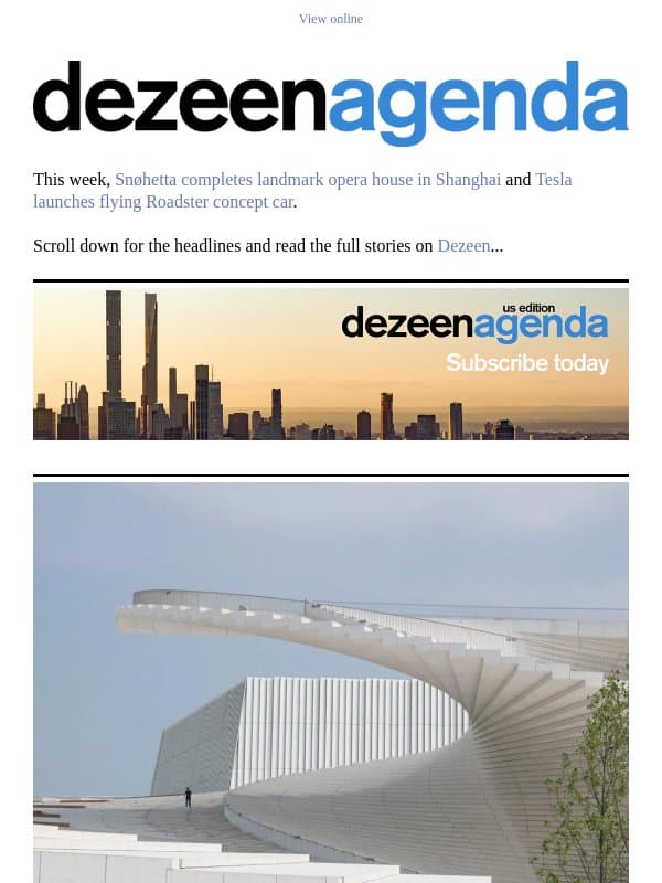 Agenda: Snøhetta completes landmark opera house in Shanghai email from Dezeen