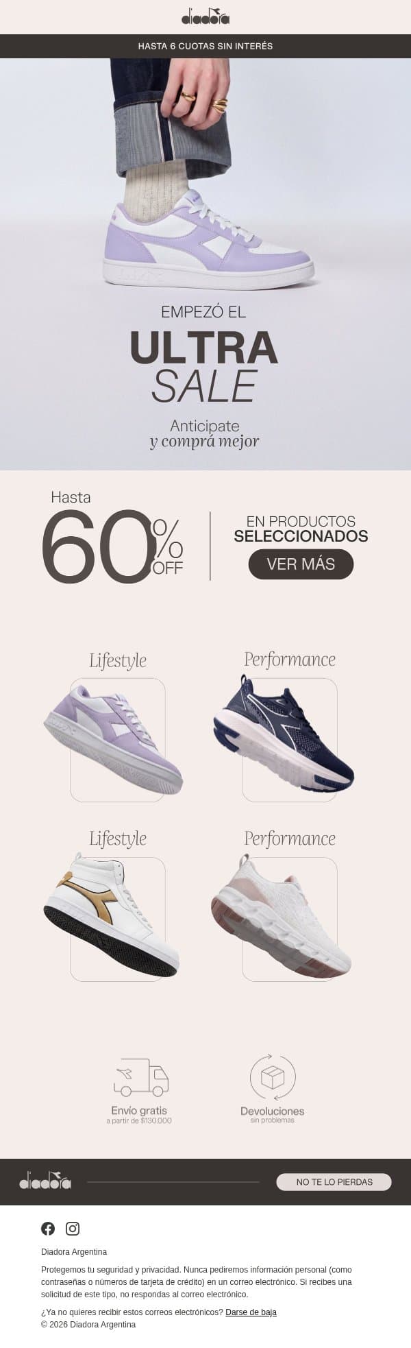 ULTRA SALE: Hasta 60% OFF email from Diadora Argentina screenshot