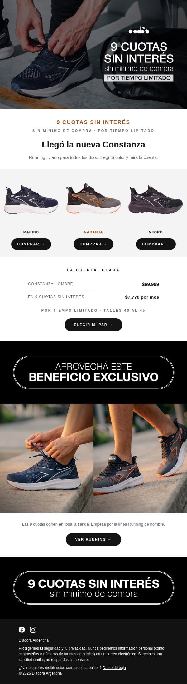 9 cuotas sin interés: POR TIEMPO LIMITADO⏳ email from Diadora Argentina screenshot
