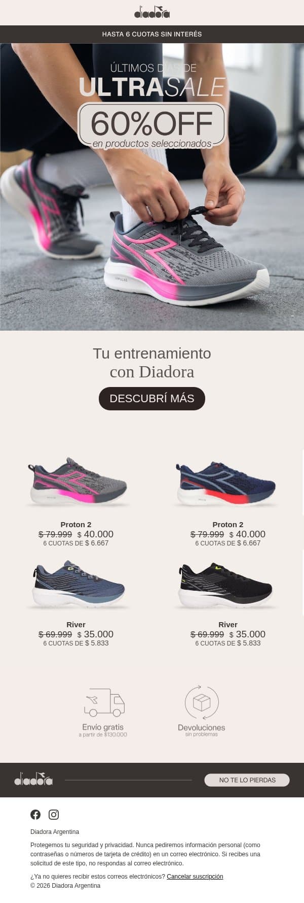 Últimos días de Ultra Sale: hasta 60% OFF email from Diadora Argentina screenshot