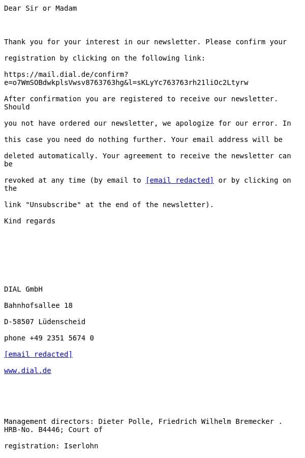 DIALux Newsletter subscription email from Dialux screenshot