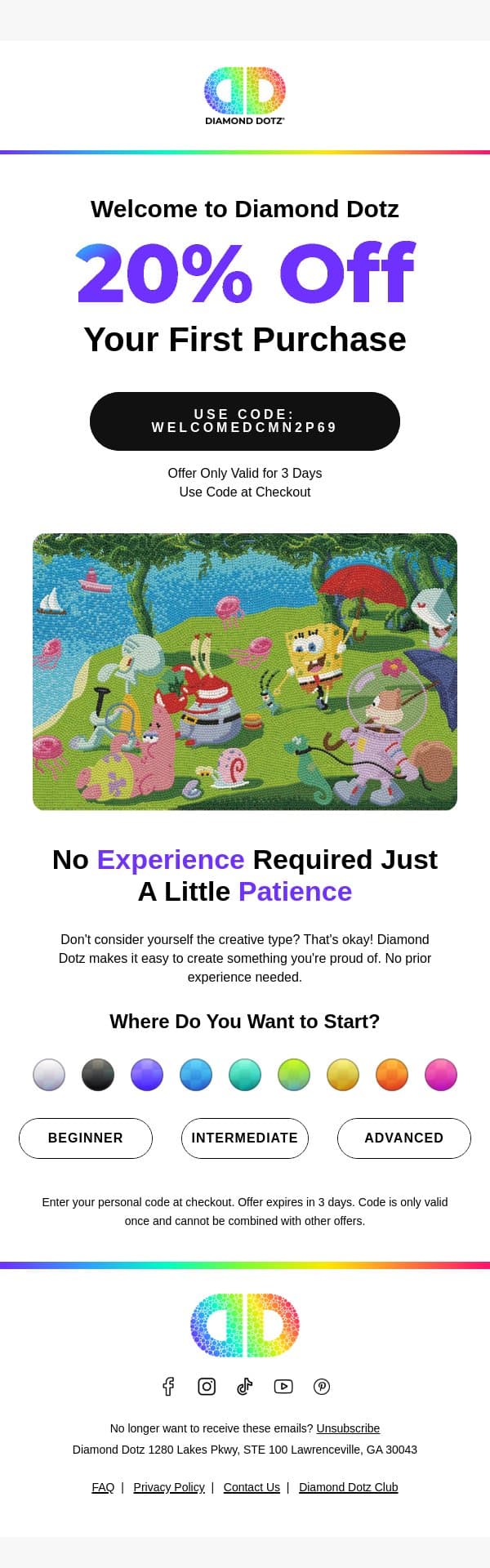 Welcome! Here's 20% off to get started π¨ email from Diamond Dotz screenshot