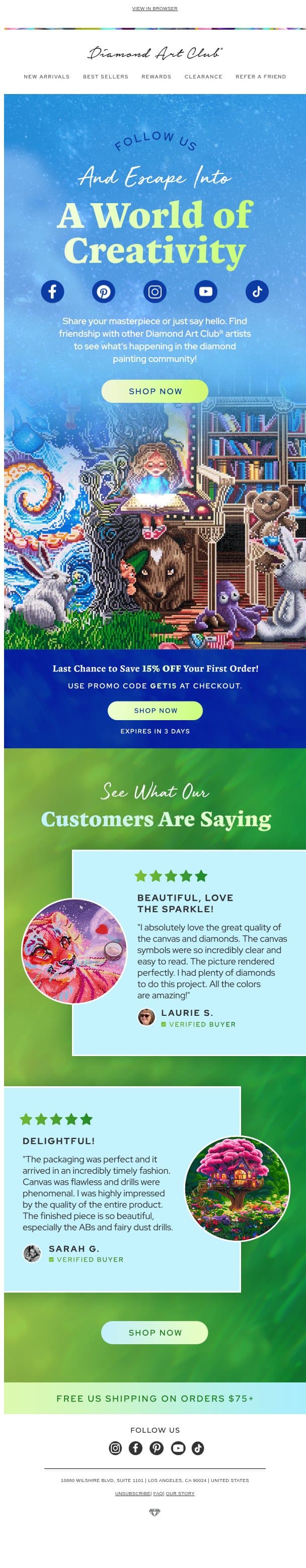Get social and be inspired email from Diamondartclub screenshot
