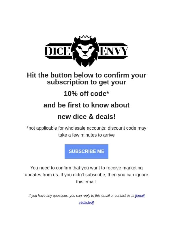 Confirm to get your 10% off code! email from Dice Envy screenshot