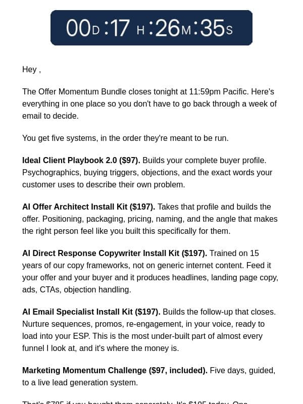 Last day for the Offer Momentum Bundle email from DigitalMarketer