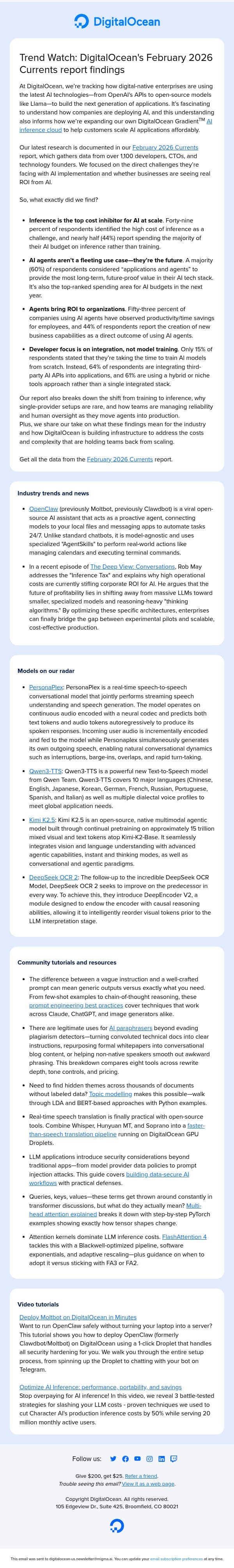 Data from 1,100+ experts on AI agents and inference email from DigitalOcean screenshot